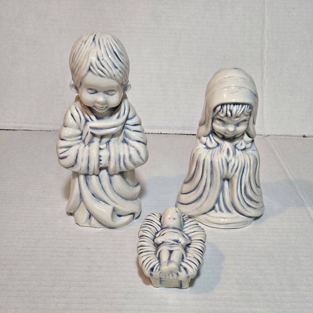 Arnels Pottery Nativity Blue Christmas Holy Family Handmade 1970s Mary Jesus